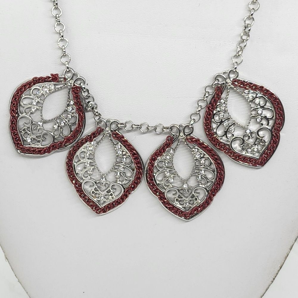 Silver Tone And Red Open Work Filigree Style Necklace